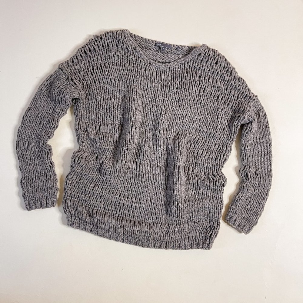 Vince Grey Open Knit Round Neck Pullover Sweater in Gray Size S minimal cozy